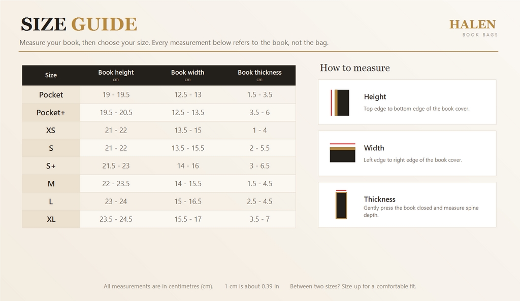 Halen Book Bag size guide (cm)